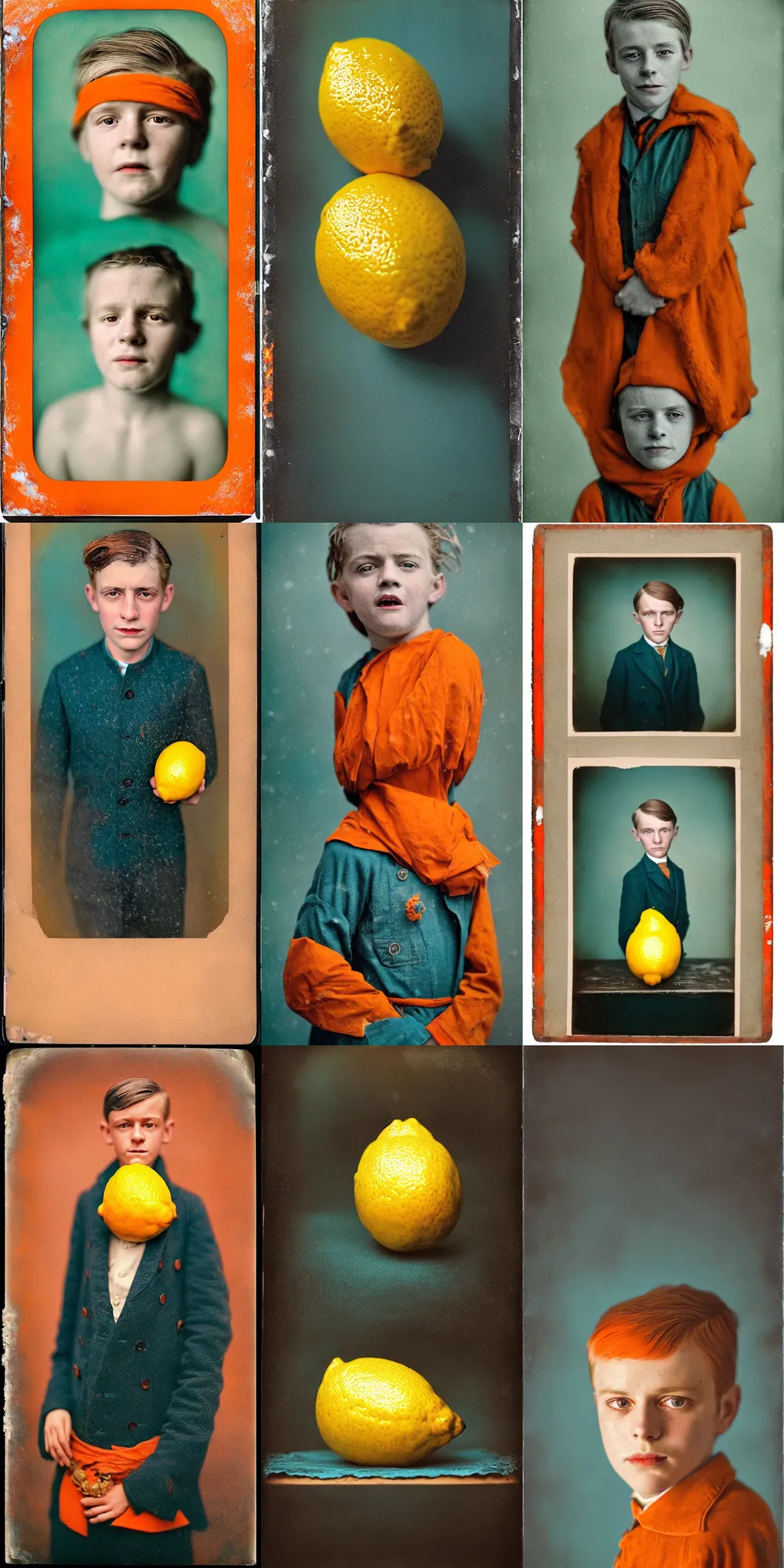 Prompt: kodak portra 4 0 0, wetplate, 8 k, shot of a highly detailed, britt marling style, colour still - life portrait of a lemon looks like a handsome marked by war 8 year old boy in a dangerous snow hell fire storm, 1 9 2 0 s cloth, 1 9 2 0 s hair, teal and orange, muted coloures