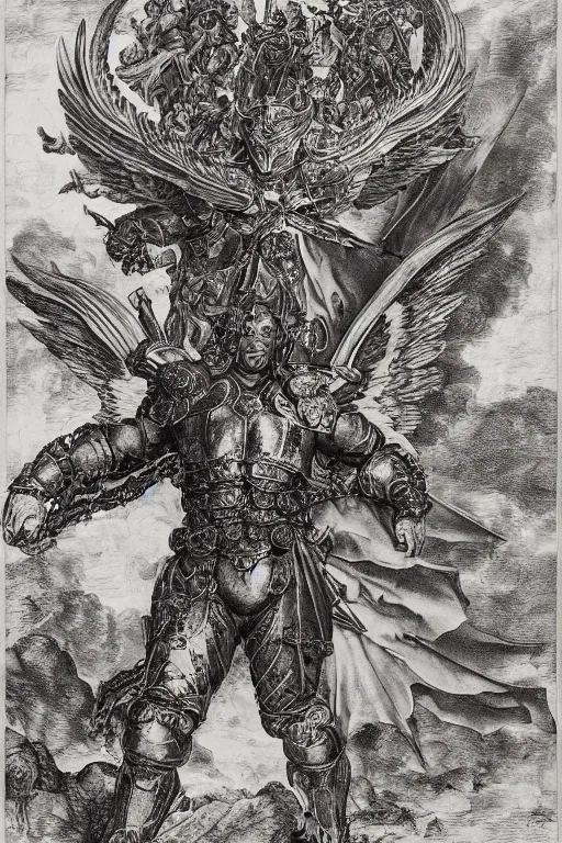 Prompt: A copper engraving of an armored archangel who looks like henry cavill standing atop a dragon, glorious, by albrecht durer, HD, 4k, 8k, incredibly detailed, intricate, masterpiece,