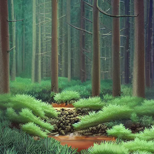 Image similar to dark pine tree forest clearing, with a small stream burbling along enclosed with fern, fireflies in the air, photorealistic, dimly lit, no breeze, mist over the ground, ground covered in pine needles and leafes