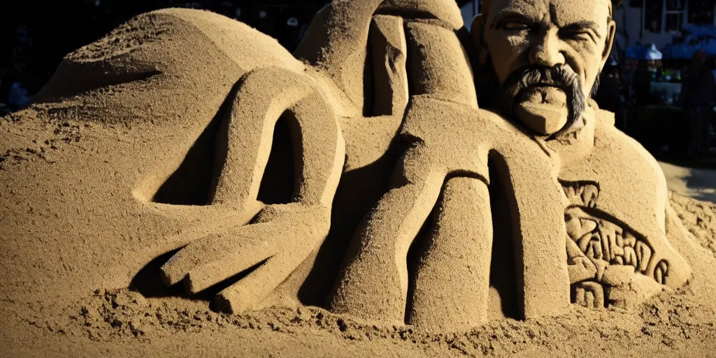 Prompt: high quality photograph of a masterfully crafted sand sculpture of a lemmy kilmister at the playground's sandbox