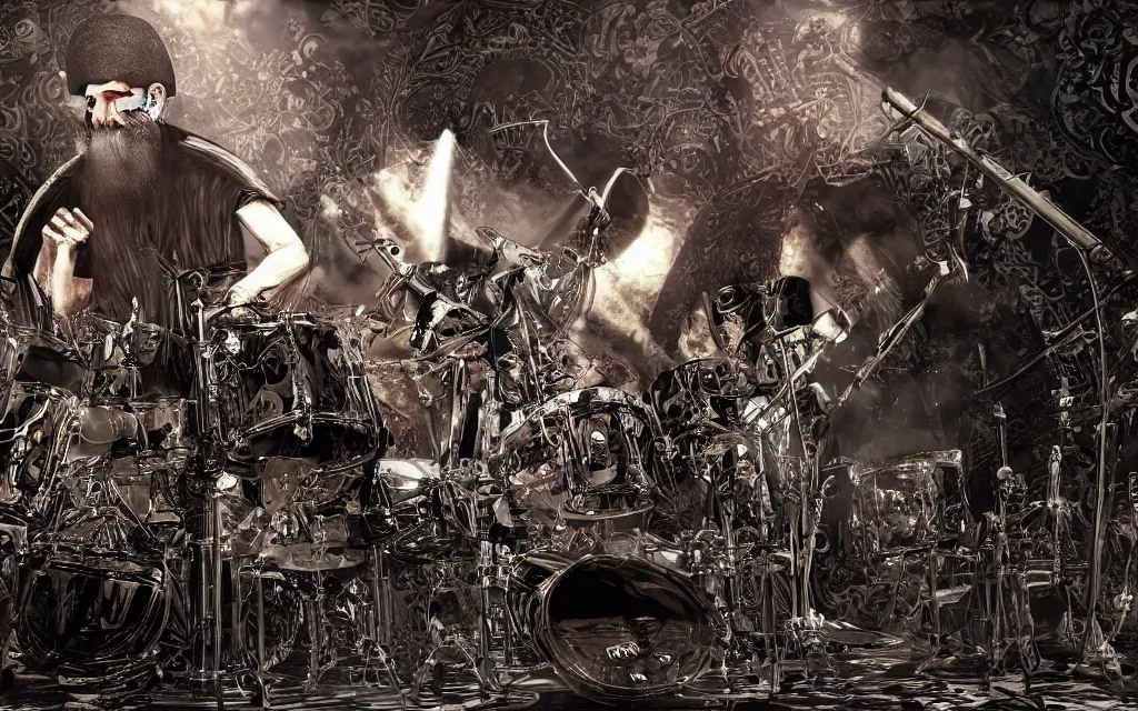 Image similar to khamenei playing drums in heavy metal band in hell hanged bodies in horizon, high definition, trending on artstation, unreal engine, photorealistic, high resolution,, trending on deviantart, hdr, hyper detailed, insane details, intricate, elite, ornate, elegant, luxury, dramatic lighting