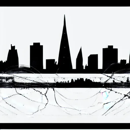 Image similar to a perfect circle, the outer edge of the circle is hugged by the silhouette of a city skyline, black and white, minimalist, in the style of a line drawing