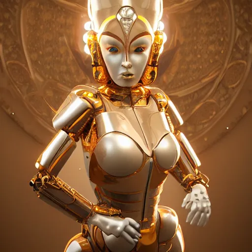 Image similar to octane render, a complex high poly cinematic 3 d model of a giant robotic android woman made out of white porcelain with complex golden inlays, jewel tone glowing eyes, fiber optic hair, inside a black and gold rococo palace, 8 k, unreal enging, cinema 4 d, cinematic angle