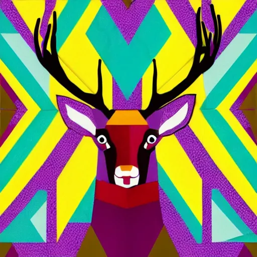 Prompt: A glorious stag in colorful triangles in the style of Bauhaus