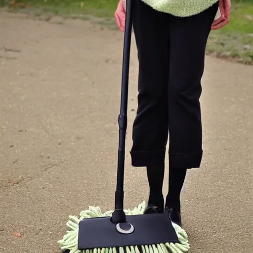 Prompt: a mop of blonde hair standing on 8 skinny black legs