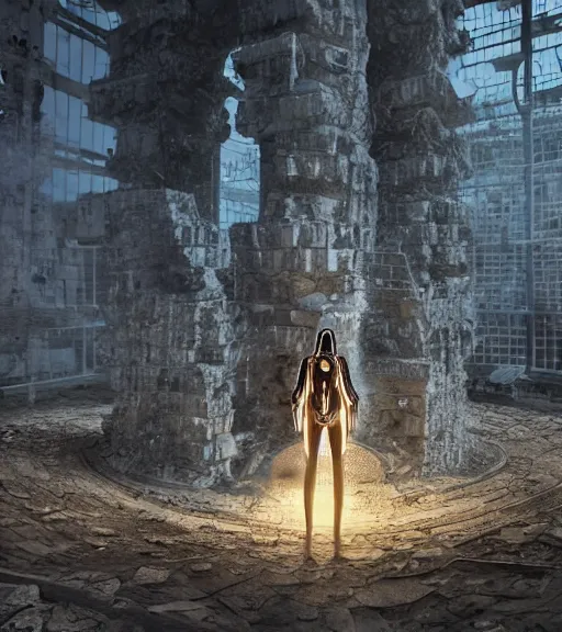 Image similar to tarkovsky greatest scene, the ancient destroyed majestic tower of babylon, woman in gantz suit, futuristic cyber clothing, transparent puffer jacket, hyperrealistic, blockchain, cyber world, ambient lighting, concept art, intricate, hyper detailed, smooth, dynamic volumetric lighting, octane, ray trace, cinematic, high quality, cgsociety