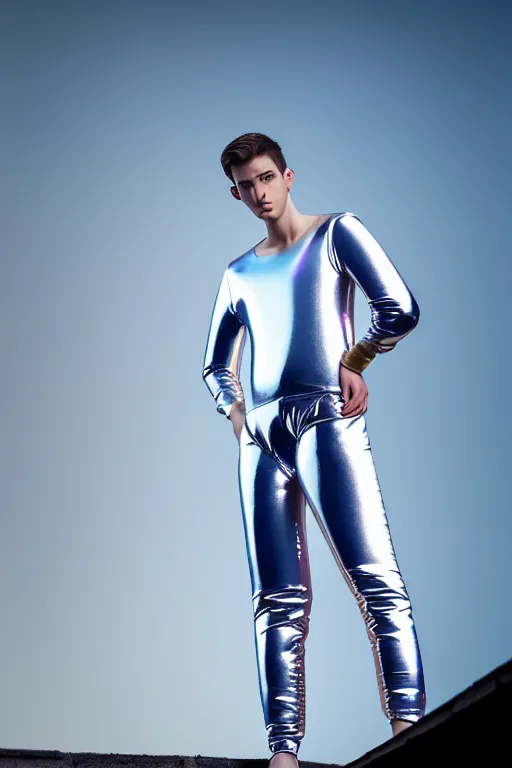 Image similar to un ultra high definition studio quality photographic art portrait of a young man standing on the rooftop of a british apartment building wearing soft baggy inflatable padded silver iridescent pearlescent clothing. three point light. extremely detailed. golden ratio, ray tracing, volumetric light, shallow depth of field. set dressed.