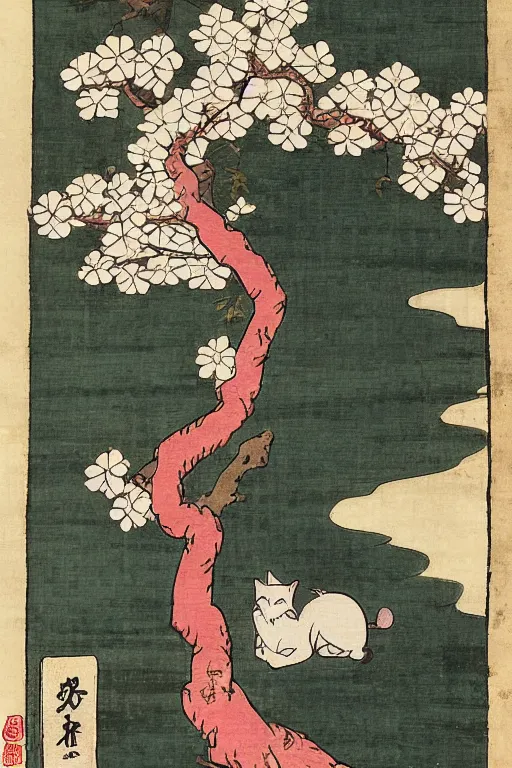 Image similar to white cat in sakura tree in the style of Utagawa Hiroshige