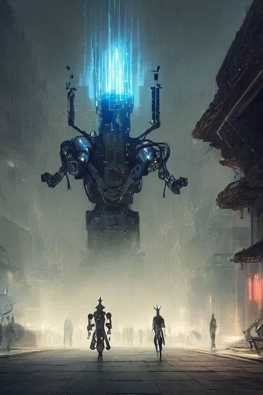 Prompt: a portrait of a robot in the middle foreground walking in the street of an elven city by Greg Rutkowski, Sung Choi, Mitchell Mohrhauser, Maciej Kuciara, Johnson Ting, Maxim Verehin, Peter Konig, final fantasy , mythical, 8k photorealistic, cinematic lighting, HD, high details, atmospheric,