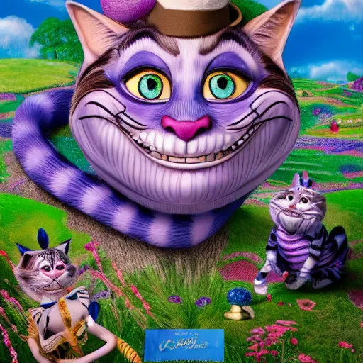 Image similar to the cheshire cat grinning, alice in wonderland, pixar, highly detailed intricate painting, long shot, 3 5 mm camera wide angle, cinematic