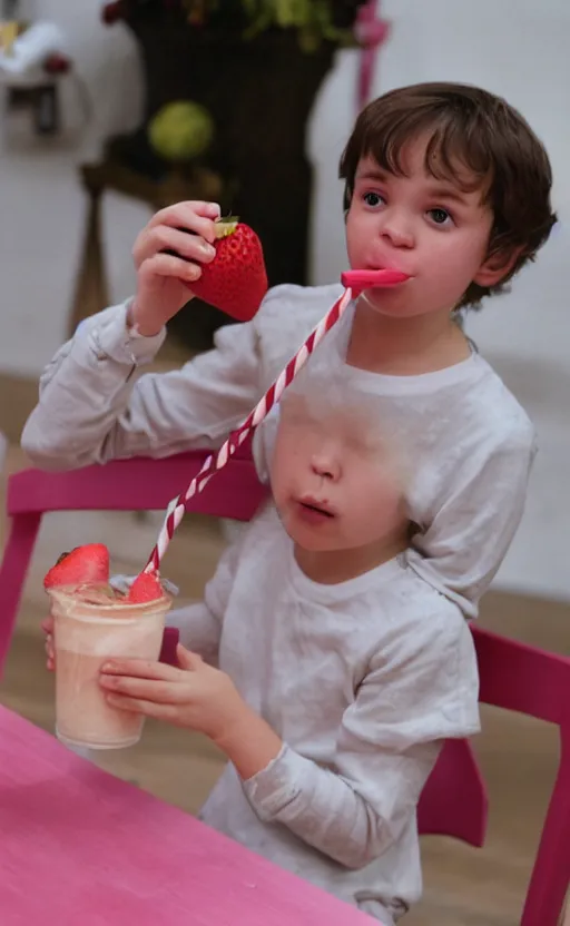 Prompt: Mozart drinking a strawberry milkshake, the straw is in his mouth