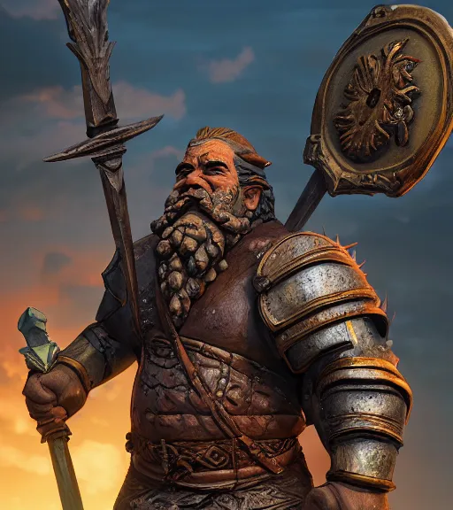 Prompt: an epic fantasy comic book style portrait painting of a very big stone - statue of a dwarf holding a shield in front of him with both hands, studio ghibli, unreal 5, daz, hyperrealistic, octane render, cosplay, rpg portrait, dynamic lighting, intricate detail, harvest fall vibrancy, cinematic