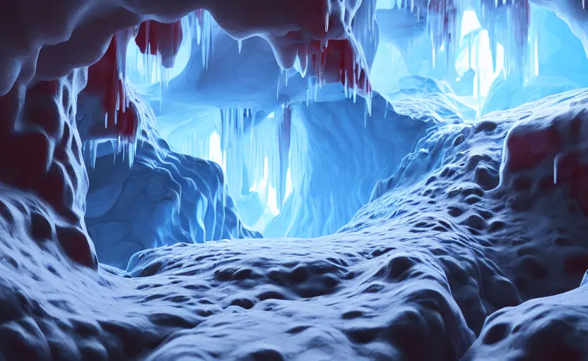 Image similar to liquid nitrogen and with red water-cooling coolant flowing through latent representations of ice caverns by centrifugal forces, gaming pc components sticking out the walls, high detail, high contrast, low-poly elements!!!!!, trending on artstation, octane render, subsurface scattering, 4k