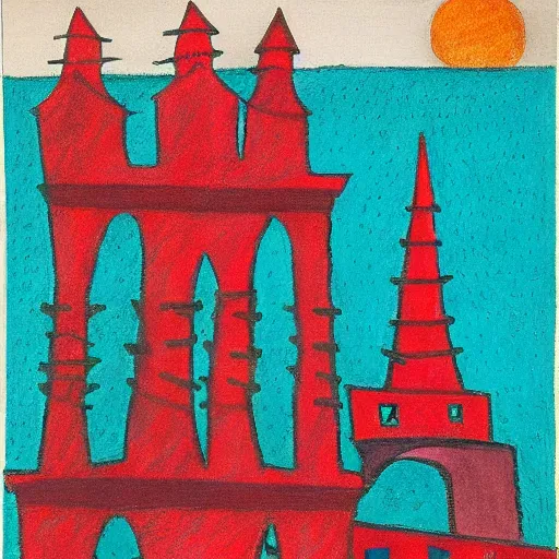 Image similar to bright, costume shocking by rufino tamayo. a beautiful drawing of a cityscape with tall spires & delicate bridges.