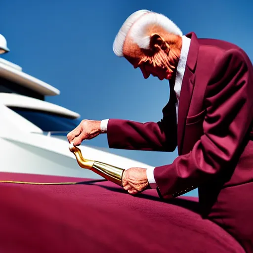 Prompt: wrinkled hunchbacked old man in musty burgundy suit, polishing painting the side of a gold plated mega yacht with a cloth, maintenance photo