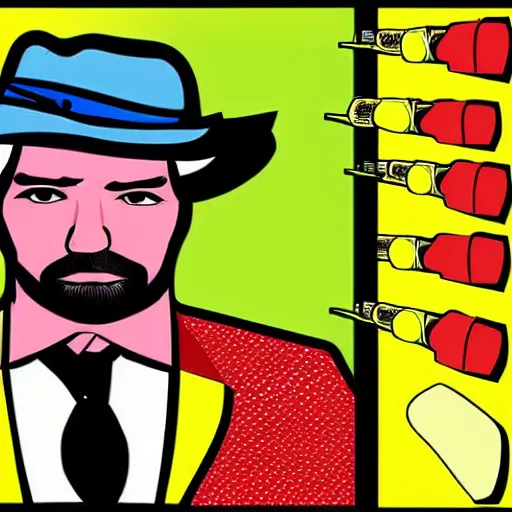 Image similar to portrait pop art comic illustration of a russian man with a fedora wrapped in bullets, profile view, bright colors, high detail, angry, sullen