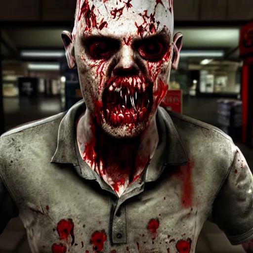 Image similar to highly detailed portrait of a boomer zombie from left 4 dead, style of stephen bliss, in a shopping mall with waterfountain, unreal engine, global illumination, detailed and intricate environment