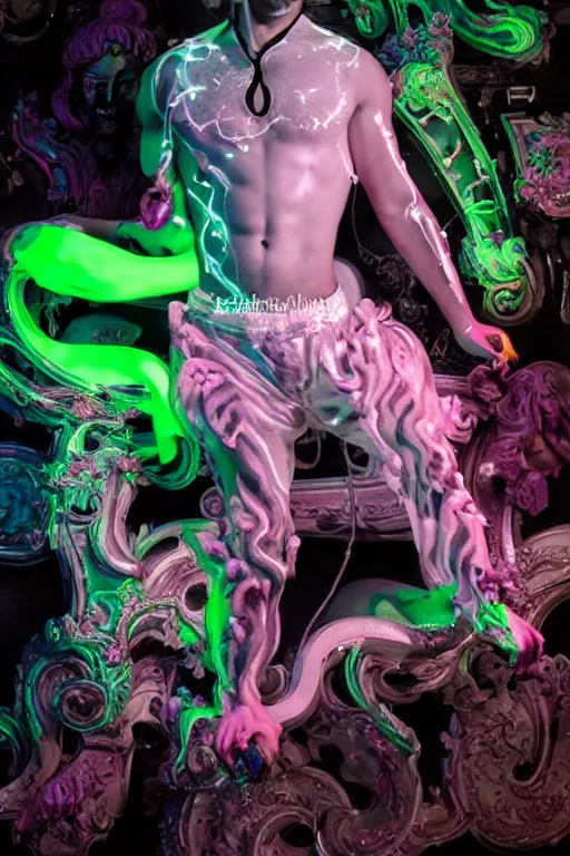 Image similar to full-body rococo and cyberpunk style neon statue of a muscular attractive Jason Baldoni wearing cholo shades macho dotado e rico android sim roupa reclining con las piernas abertas e la piroca dura, ethereal white dripping tar, glowing white lasers, pink tigers, glowing eyes, silver prince crown, black gears, pink diamonds, swirling mint-colored silk fabric. futuristic elements. full-length view. human skulls. large intricate artwork by caravaggio. Trending on artstation, octane render, cinematic lighting from the right, hyper realism, octane render, 8k, depth of field, 3D