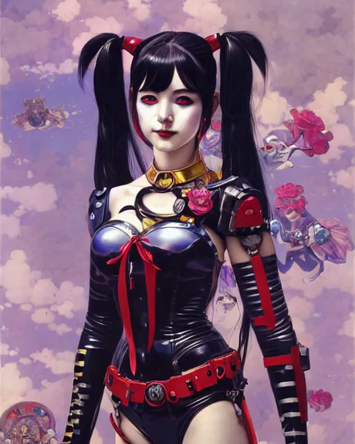 Prompt: portrait of beautiful cute maiden anime harley quinn girl in warhammer mechanical armor, high details, art by ( ( ( kuvshinov ilya ) ) ) and wayne barlowe and gustav klimt and artgerm and wlop and william - adolphe bouguereau