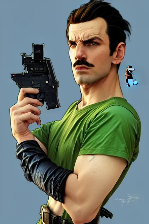 Image similar to gta luigi from mario as aeon flux profile picture by greg rutkowski, dynamic pose, flat matte painting, intricate, futuristic, fantasy, elegant, by stanley artgerm lau, greg rutkowski, thomas kindkade, alphonse mucha, loish, norman rockwell, fantasy lut, asymmetric, long hair, retro computer graphics, video game, fluid lines,