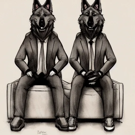 Image similar to two anthropomorphic german shepherds beast - men, they are wearing suits sitting on a couch and talking together, artstation, concept art, smooth, sharp foccus ilustration, artstation