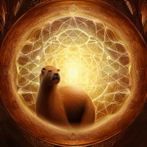 Image similar to capybara surrounded by sacred geometry made from elven architecture, gorgeous, powerful, cinematic, beautifully lit, by artgerm, by karol bak, 3 d, trending on artstation, octane render