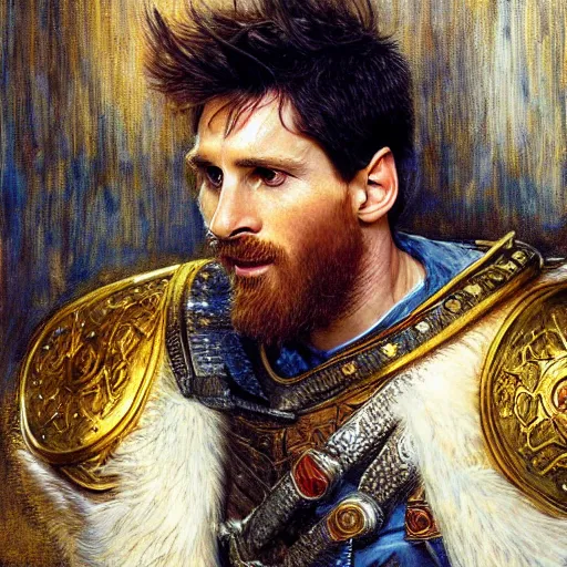 Image similar to attractive lionel messi as attractive king arthur pendragon, natural lighting, high quality, very detailed painting, by gaston bussiere, donato giancola, j. c. leyendecker