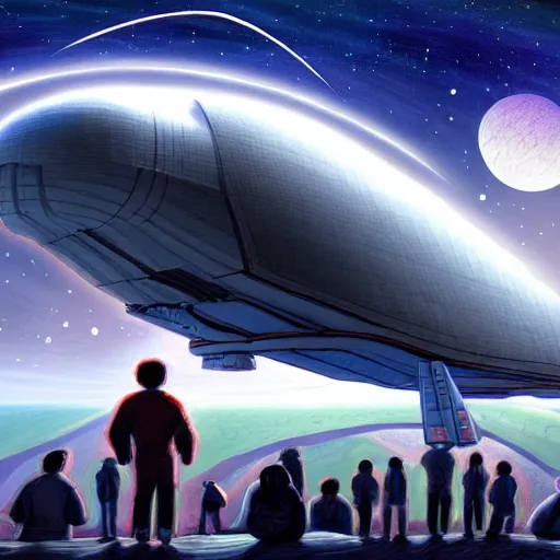 Image similar to thousands of people next to a big spaceship, fantasy art