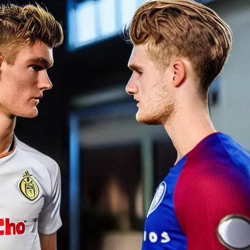 Image similar to a realistic detailed photo of a guy who is an attractive humanoid who is half robot and half humanoid, who is a male android, soccer players martin ødegaard & timo werner, shiny skin, posing like a statue, blank stare, in a factory, on display, showing off his muscles, gold soccer shorts, side view, looking at each other mindlessly