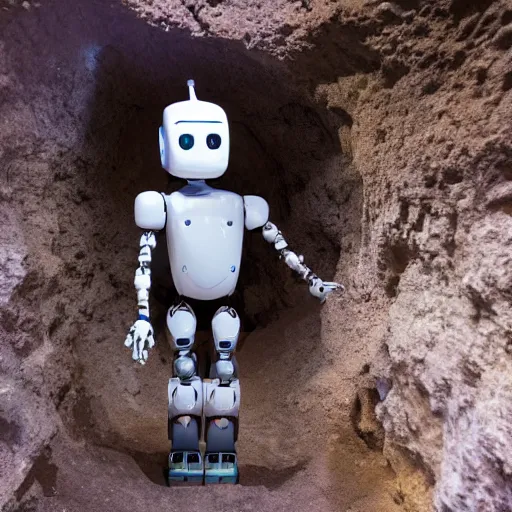 Prompt: a robot finding a cave leading to amsterdam