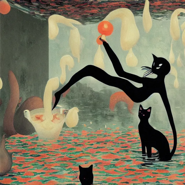 Prompt: tall female catgirl artist holding a black cat in her flooded apartment, pomegranates, octopus, water gushing from ceiling, painting of flood waters inside an artist's apartment, a river flooding indoors, mushrooms, ikebana, zen, rapids, waterfall, black swans, canoe, berries, acrylic on canvas, surrealist, by magritte and monet