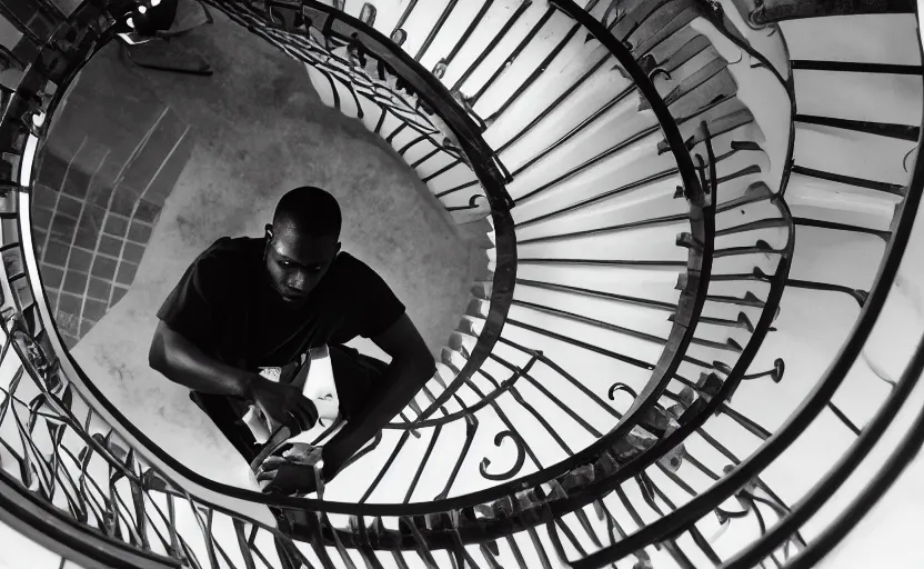 Image similar to frank ocean building a spiral staircase in the centre of the room, greyscale,