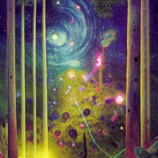 Image similar to psychedelic small cats hidden lush pine forest, outer space, milky way, designed by arnold bocklin, jules bastien - lepage, tarsila do amaral, wayne barlowe and gustave baumann, cheval michael, trending on artstation, star, sharp focus, colorful refracted sparkles and lines, soft light, 8 k 4 k