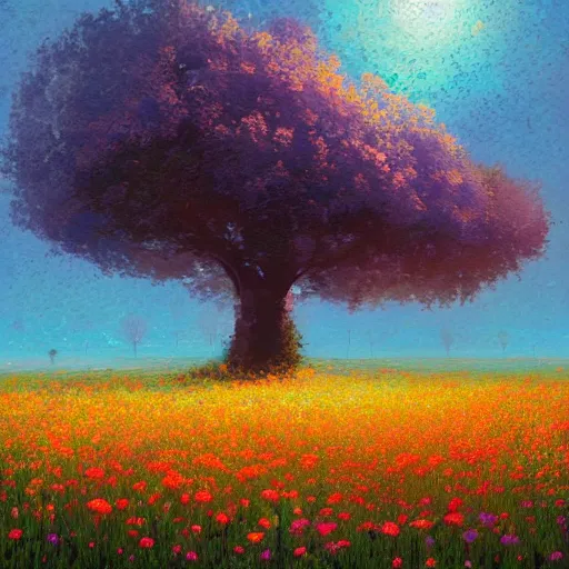 Image similar to face made of flowers, standing in a flower field, big trees, sunrise dramatic light, impressionist painting, colorful clouds, digital painting, pointillism, artstation, simon stalenhag