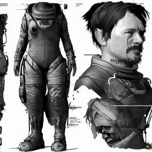 Image similar to character sheet of Astronaut from Death Stranding by Yoji Shinkawa, trending on Artstation concept arts