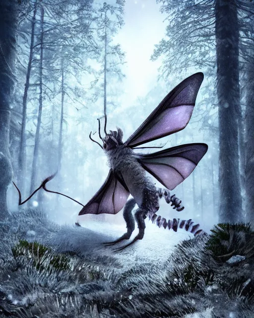 Prompt: realistic moth dragon, furry, long tail and antennae, grey and purple color scheme, in a snowy pine forest, dynamic shadows, dynamic colors, trending on artstation, 4 k