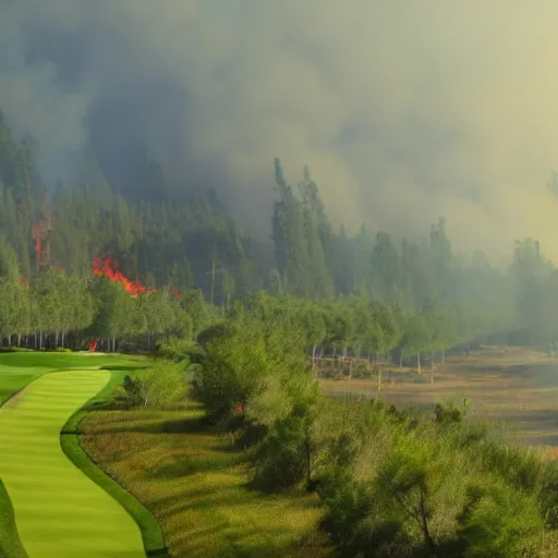 Image similar to lush golf course surrounded by forests on fire