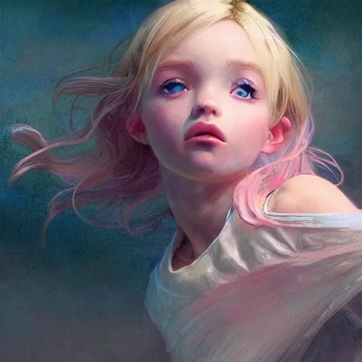 Image similar to a photorealistic dramatic fantasy render of adorable young girl, tounge out, blonde hair, blue eyes, in pink short mini skirt, by wlop, artgerm, greg rutkowski, alphonse mucha, beautiful dynamic dramatic sense of awe, lighting, shadows, cinematic atmosphere, artstation, concept design art, octane render, 8 k