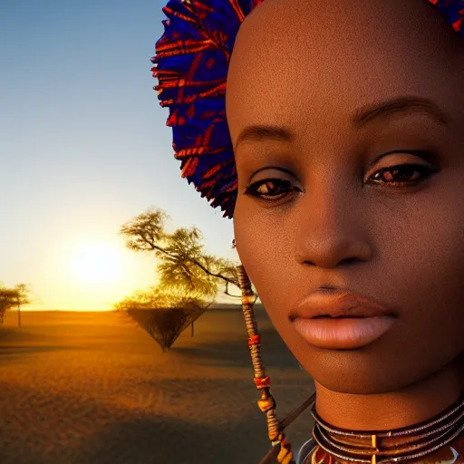 Image similar to scenic view of an African goddess, with bone necklace and honey eyes, wrapped stained clothes, full body, reflecting the sunlight in half of her face, photorealistic, 8k