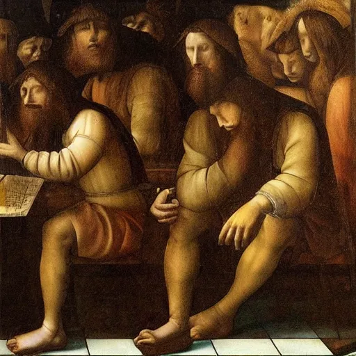 Image similar to detailed painting of students suffering in university by leonardo da vinci