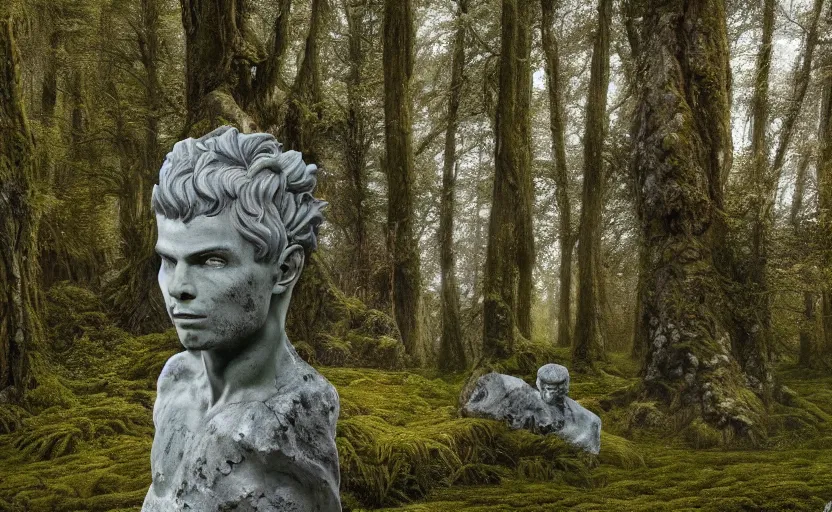 Image similar to a mossy marble statue of Cristiano Ronaldo abandoned in the middle of a forest near a lake at sunset by Greg Rutkowski, concept art, godrays, complementary colors, calm, relaxing, beautiful landscape, highly detailed, high quality, 4k HDR, path tracing, serene landscape, high coherence, soft lighting