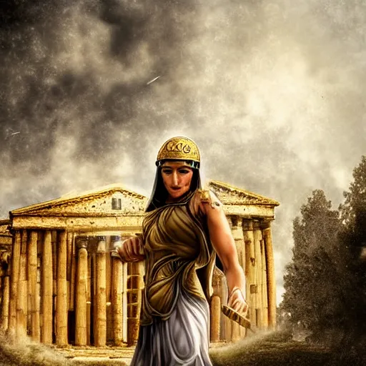 Image similar to young ancient greek woman in golden helmet, giant grey-haired bearded male face in the sky, marble pantheon palace in the sky, clouds background, epic fantasy style art, fantasy epic digital art