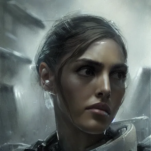 Image similar to portrait of a woman by greg rutkowski, eiza gonzalez as a weyland - yutani mercenary, from aliens franchise, she is about 3 0 years old, military composure, wearing white and black colored tactical gear, highly detailed portrait, digital painting, artstation, concept art, smooth, sharp foccus ilustration, artstation hq