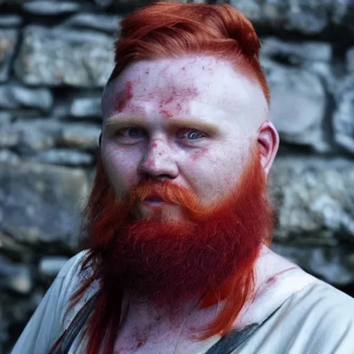 Prompt: a red - haired viking drinking mate