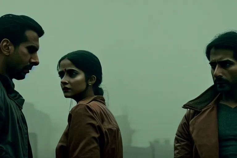 Image similar to film still of closeup beautiful model indian couple in blade runner 2 0 4 9, train station, cinematic, moody, gritty neon noir by emmanuel lubezki