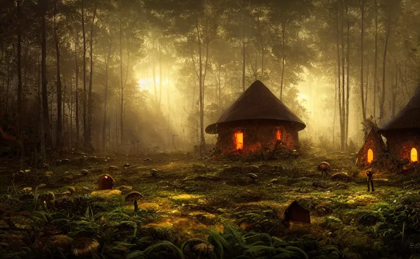 Image similar to A mushroom house close to the camera in the foreground, mushroom houses village in the distance, light coming from the windows, in a dark forest, macro, underexposed, overecast, mysterious matte painting by greg rutkowski and marc simonetti and Ivan Shishkin