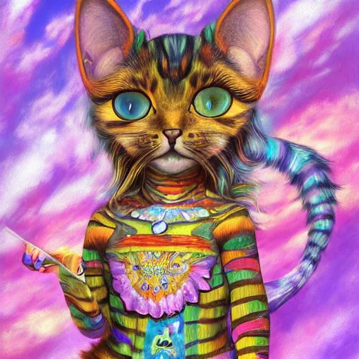 Image similar to cat seahorse shapeshifter, long haired humanoid fursona, detailed painterly digital art by wlop, louis wain, lisa frank, furaffinity, cgsociety, trending on artstation