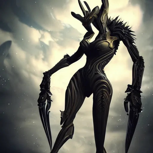 Image similar to beautiful and stunning giant valkyr female warframe, doing an elegant pose over you, you looking up at her from the ground pov shot, unaware of your existence, slick elegant design, sharp claws, detailed shot legs-up, highly detailed art, epic cinematic shot, realistic, professional digital art, high end digital art, furry art, DeviantArt, artstation, Furaffinity, 8k HD render, epic lighting, depth of field