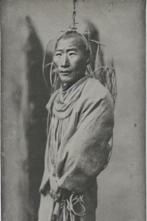 Prompt: ultra realistic vintage photo portrait of a tibetan man made of birdcage