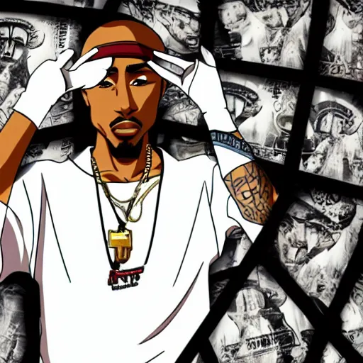 Image similar to Tupac Shakur, screenshot from a 2012s anime